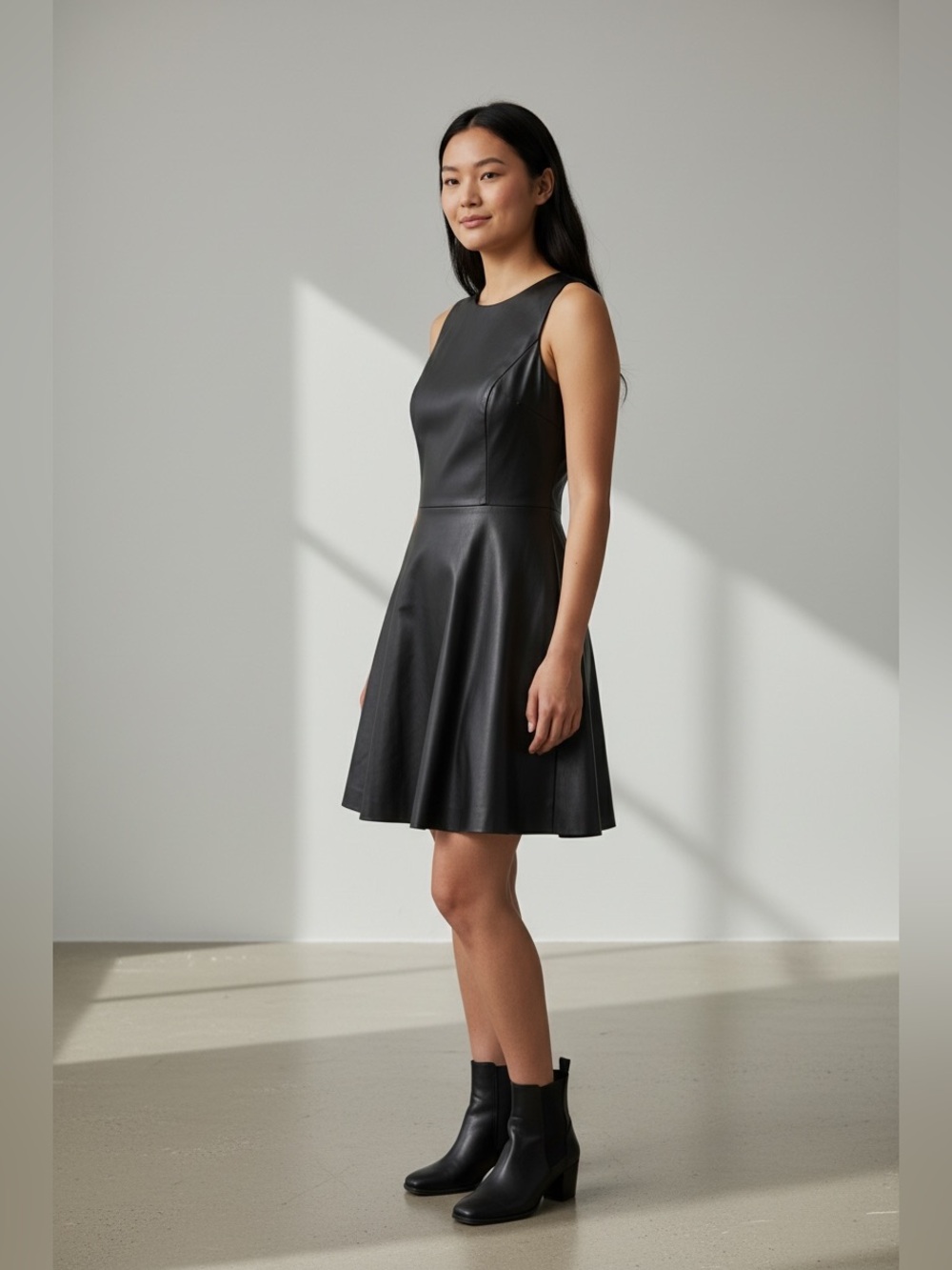 WHBM Faux-Leather Fit & Flare Black Mini Dress, Size 6
